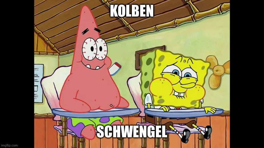 SpongeBob and Patrick Holding Their Laughter | Kolben; Schwengel | image tagged in spongebob and patrick holding their laughter | made w/ Imgflip meme maker