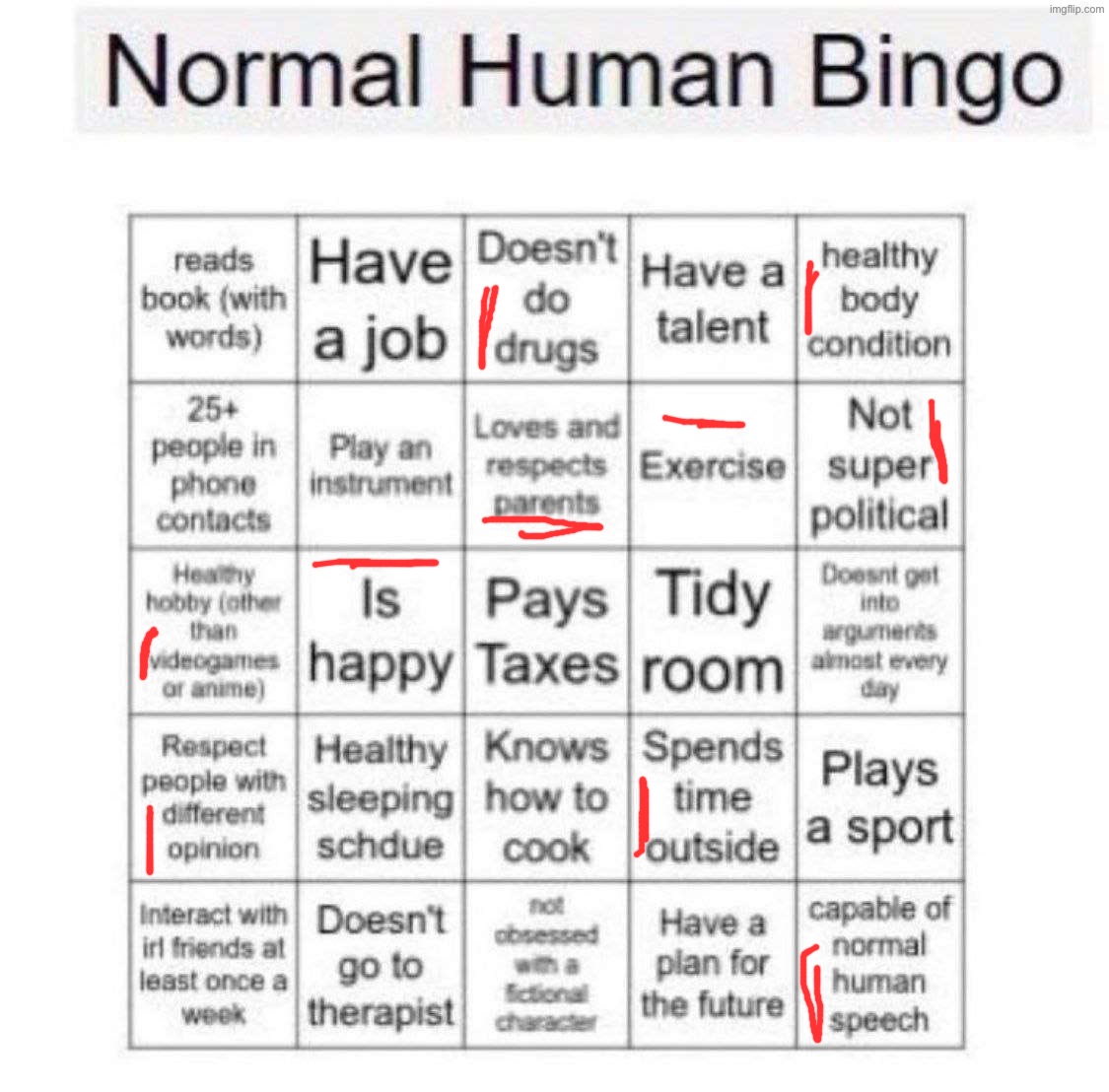 Normal human bingo | image tagged in normal human bingo | made w/ Imgflip meme maker