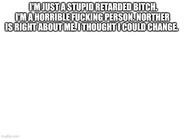 I'm just a stupid retarded bitch. I'm a horrible fucking person. Norther is right about me. I thought I could change. | made w/ Imgflip meme maker