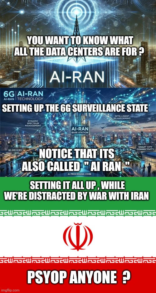 Data Centers meme | You want to know what all the data centers are for ? Setting up the 6G Surveillance State; Notice that its also called  " AI RAN  "; Setting it all up , while we're distracted by war with Iran; Psyop Anyone  ? | image tagged in images 7 jpeg,iran flag | made w/ Imgflip meme maker