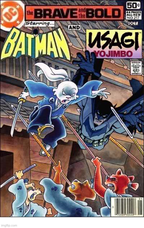 The Dark Knight meets the samurai rabbit! | image tagged in comics,batman,usagi yojimbo,crossover,the brave and the bold | made w/ Imgflip meme maker