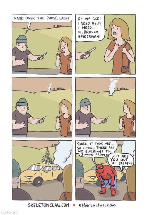 Nebraska Spider-Man | image tagged in comics,skeleton claw,robbery,cry for help,nebraska spiderman,no buildings | made w/ Imgflip meme maker