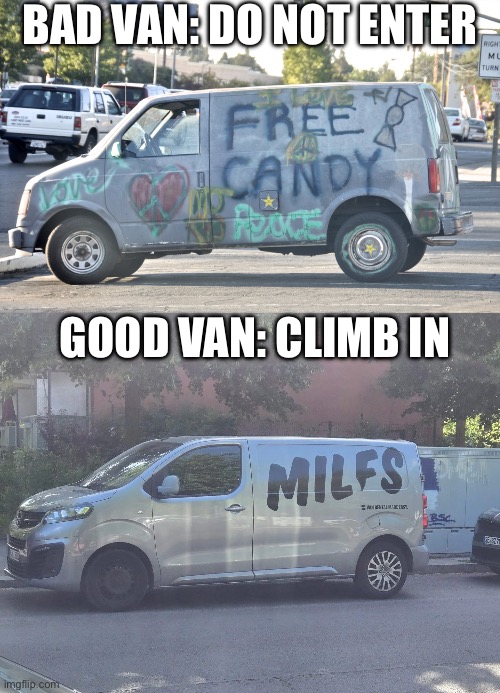 Which Van Would You Accept a Ride In? | Bad van: do not enter; Good van: climb in | image tagged in white van,milf,ride,pick up lines | made w/ Imgflip meme maker