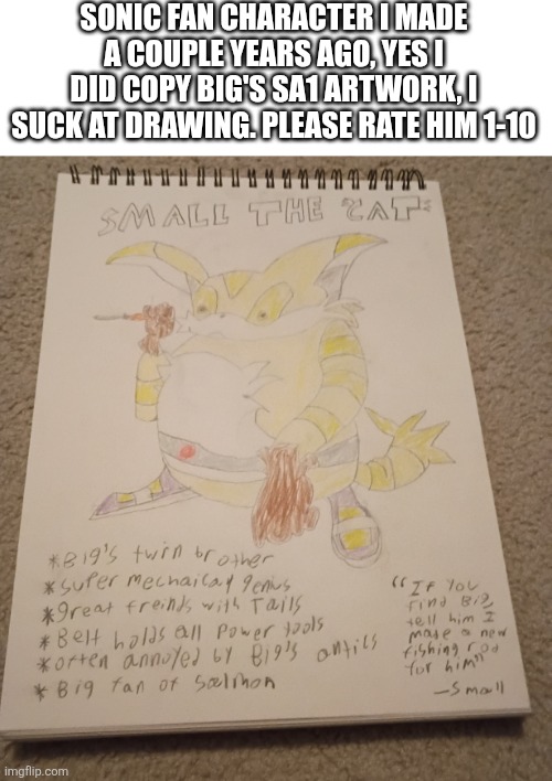 This probably sucks compared to other fan characters. | Sonic Fan Character I made a couple years ago, yes I did copy Big's SA1 Artwork, I suck at drawing. Please rate him 1-10 | image tagged in sonic the hedgehog,small,the,cool cat | made w/ Imgflip meme maker