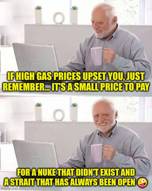 Republican Logic | If high gas prices upset you, Just remember... it's a small price to pay; for a nuke that didn't exist and a strait that has always been open 🤪 | image tagged in trump,gop,maga,nazis,fascists,clown car republicans | made w/ Imgflip meme maker