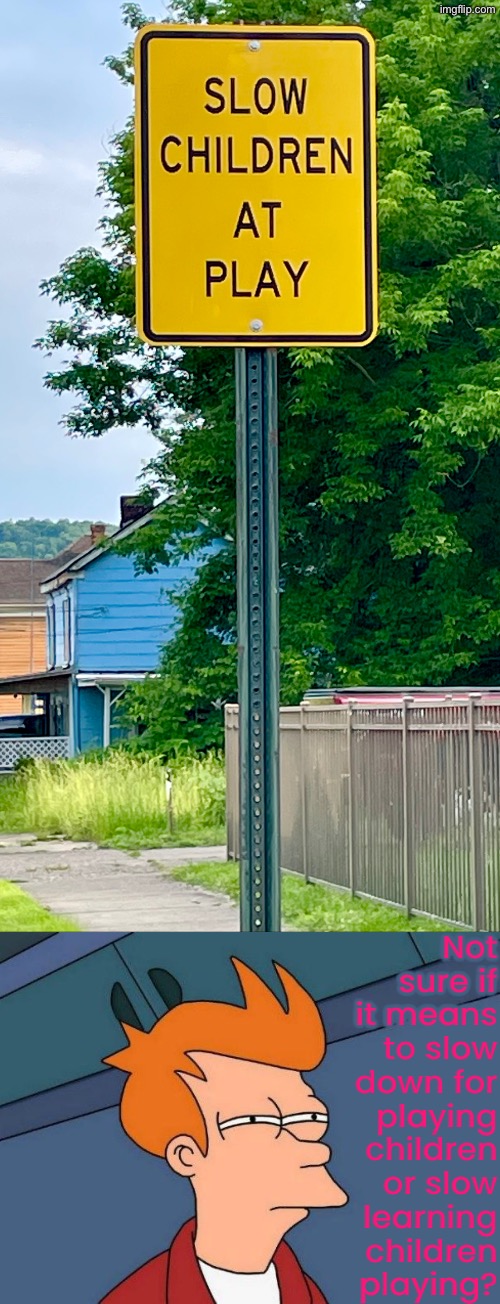 Not Sure If | Not sure if it means to slow down for playing children or slow learning children playing? | image tagged in not sure if- fry,funny signs,slow,children,which one,speeding | made w/ Imgflip meme maker