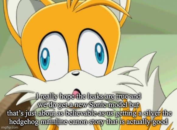 I really hope the leaks are true and we do get a new Sonic model but
 that’s just about as believable as us getting a silver the hedgehog mainline canon story that is actually good | image tagged in tails derp | made w/ Imgflip meme maker