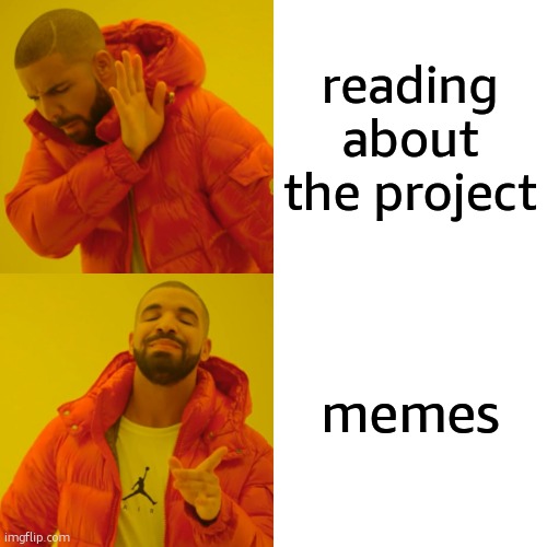 Drake Hotline Bling Meme | reading about the project; memes | image tagged in memes,drake hotline bling | made w/ Imgflip meme maker