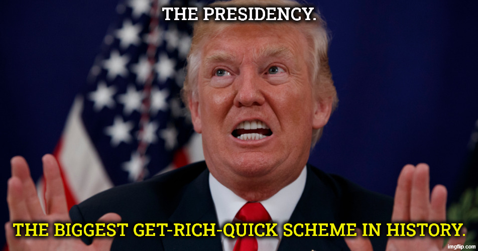 Who wants to govern when you can go for the gusto? | The Presidency. The biggest get-rich-quick scheme in history. | image tagged in trump dilated hands up showing teeth,trump,greed,greedy,money,corruption | made w/ Imgflip meme maker
