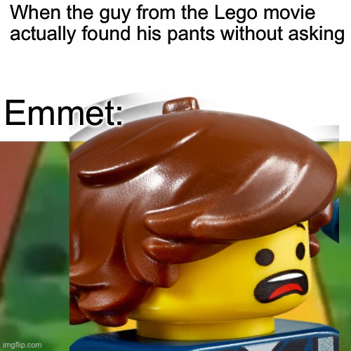 Lego movie pants | When the guy from the Lego movie actually found his pants without asking; Emmet: | image tagged in honey where are my pants,where are my pants,the lego movie,lego batman,lego ninjago | made w/ Imgflip meme maker