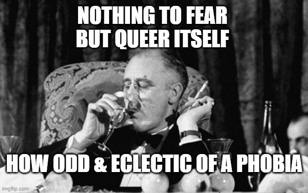 Nothing to fear
but queer itself How odd & eclectic of a phobia | image tagged in fdr | made w/ Imgflip meme maker