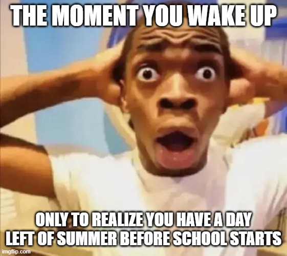 The moment you wake up only to realize you have a day left of summer before school starts | image tagged in guy with shocked face | made w/ Imgflip meme maker