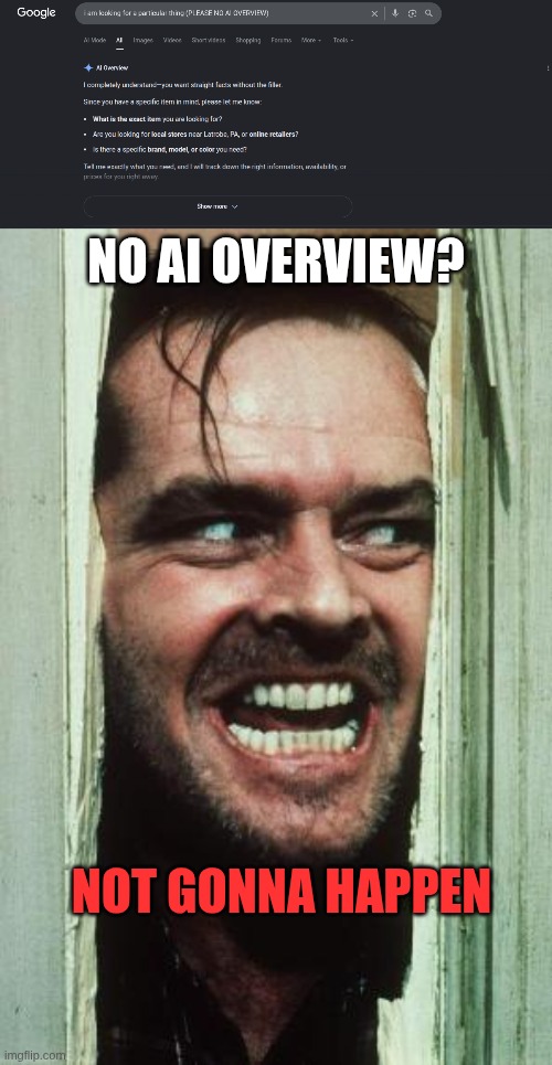 ignorance comes to AI, here's johnny! | no ai overview? not gonna happen | image tagged in memes,here's johnny,ai,fun,oh wow are you actually reading these tags | made w/ Imgflip meme maker