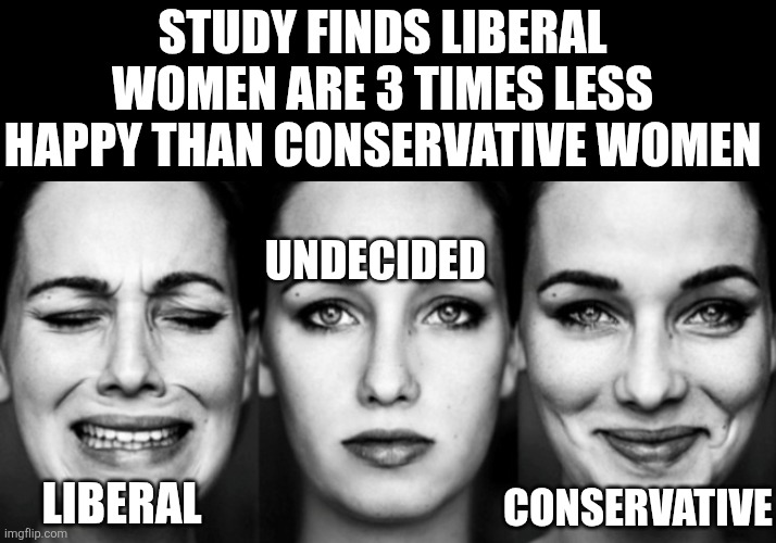 Liberal women are less happy, have higher depression rates, and higher unalive rates? Who knew? | Study finds liberal women are 3 times LESS happy than conservative women; Undecided; Liberal; Conservative | image tagged in sad happy woman,liberal vs conservative,truth hurts,reality check,liberal logic,sad happy | made w/ Imgflip meme maker