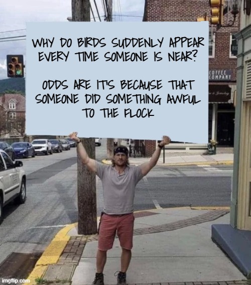 Don't mess with the birds; they don't forget and rarely forgive. | Why do birds suddenly appear
every time someone is near?
 
odds are it's because that
someone did something awful
to the flock | image tagged in man holding sign,angry birds,memory,revenge | made w/ Imgflip meme maker
