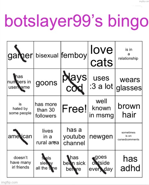 Doing the femboys bingo | image tagged in botslayer bingo | made w/ Imgflip meme maker