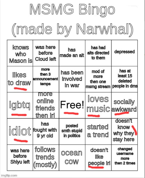 I'm bored so I'm doing bingos to let you know me better | image tagged in msmg bingo | made w/ Imgflip meme maker