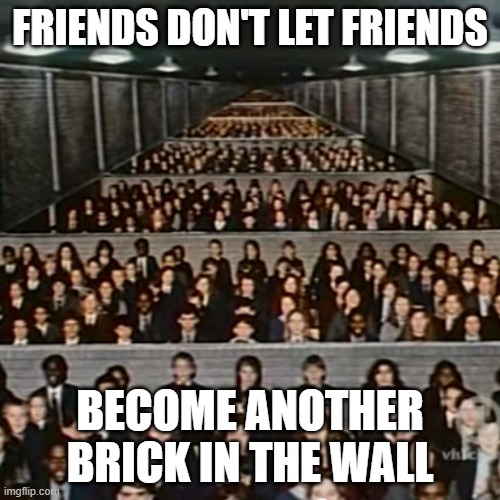 pink floyd we don't need no education brick in the wall | Friends don't let friends; become another brick in the wall | image tagged in pink floyd we don't need no education brick in the wall | made w/ Imgflip meme maker