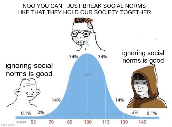 bellcurve1 | NOO YOU CANT JUST BREAK SOCIAL NORMS LIKE THAT THEY HOLD OUR SOCIETY TOGETHER; ignoring social norms is good; ignoring social norms is good | image tagged in bell curve | made w/ Imgflip meme maker