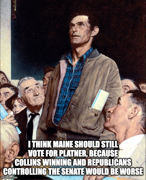 man taking a stand in a town hall meeting | I think Maine should still vote for platner, because Collins winning and Republicans controlling the senate would be worse | image tagged in man taking a stand in a town hall meeting | made w/ Imgflip meme maker