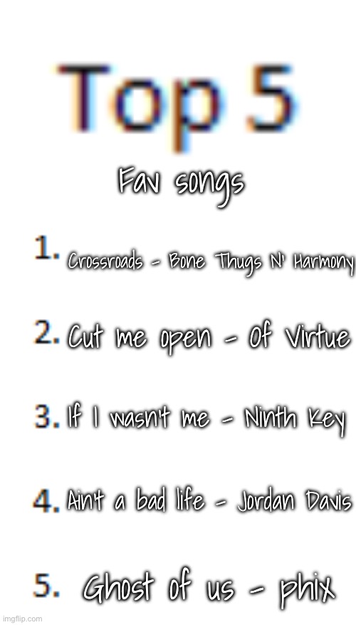 M u s i c | Fav songs; Crossroads - Bone Thugs N’ Harmony; Cut me open - Of Virtue; If I wasn’t me - Ninth Key; Ain’t a bad life - Jordan Davis; Ghost of us - phix | image tagged in top 5 list | made w/ Imgflip meme maker