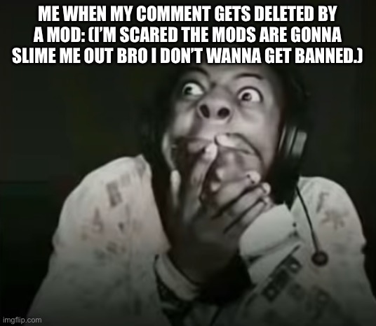 Speed Horrified | Me when my comment gets deleted by a mod: (I’m scared the mods are gonna slime me out bro I don’t wanna get banned.) | image tagged in speed horrified | made w/ Imgflip meme maker