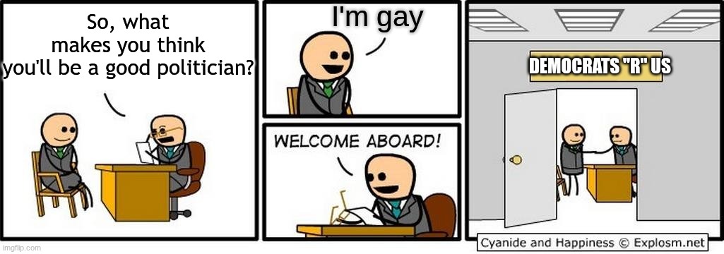 Democrats these gays-, er, DAYS, | I'm gay; So, what makes you think you'll be a good politician? democrats "r" us | image tagged in you're hired | made w/ Imgflip meme maker