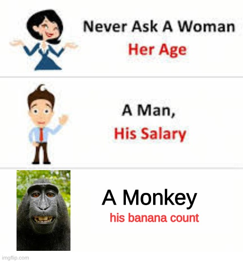 MONKE | A Monkey; his banana count | image tagged in never ask a woman her age,monke,monkey,banana,random,kirby has found your sin unforgivable | made w/ Imgflip meme maker