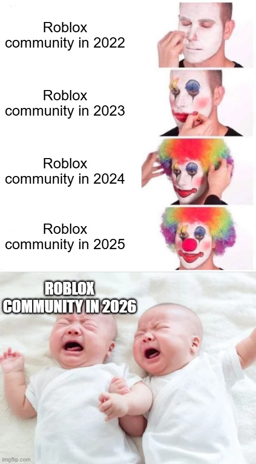 I just hate the roblox community becuase they complain and thats all | Roblox community in 2022; Roblox community in 2023; Roblox community in 2024; Roblox community in 2025; Roblox community in 2026 | image tagged in memes,clown applying makeup | made w/ Imgflip meme maker