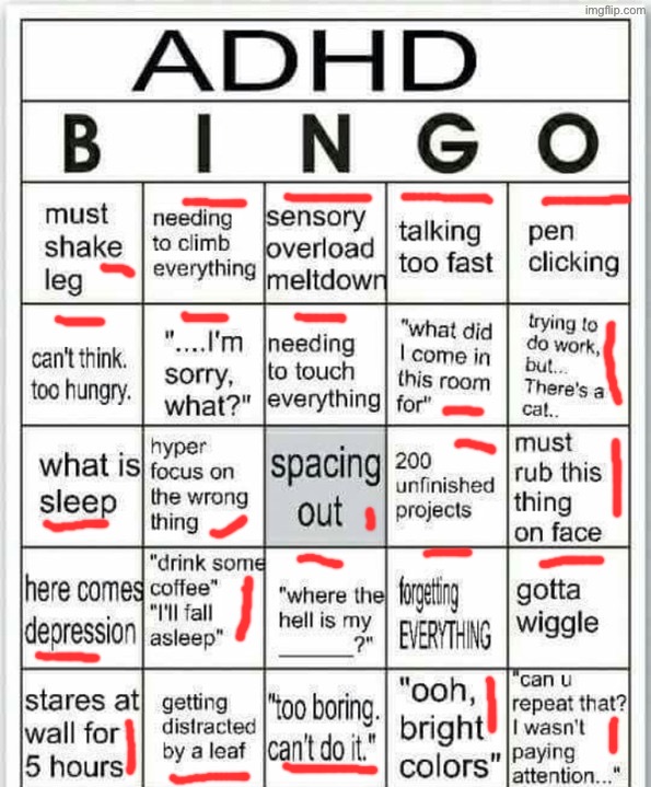 i am officially diagnosed with adhd | image tagged in adhd bingo | made w/ Imgflip meme maker