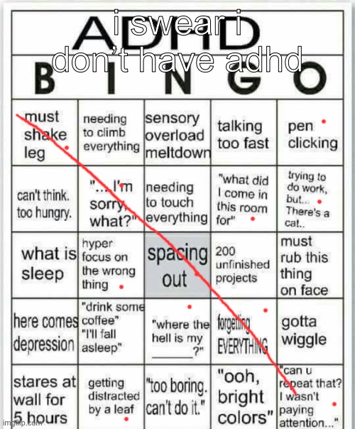 adhd bingo | i swear i don’t have adhd | image tagged in adhd bingo | made w/ Imgflip meme maker
