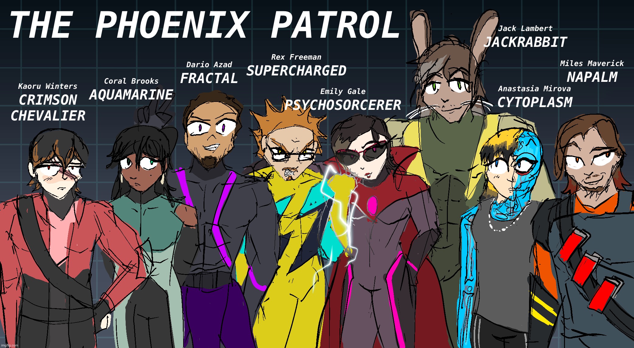 The Phoenix Patrol !! Basically a street-tier Pantheon, they’re geared towards everyday felons and organized criminals. | image tagged in img_0225 png | made w/ Imgflip meme maker