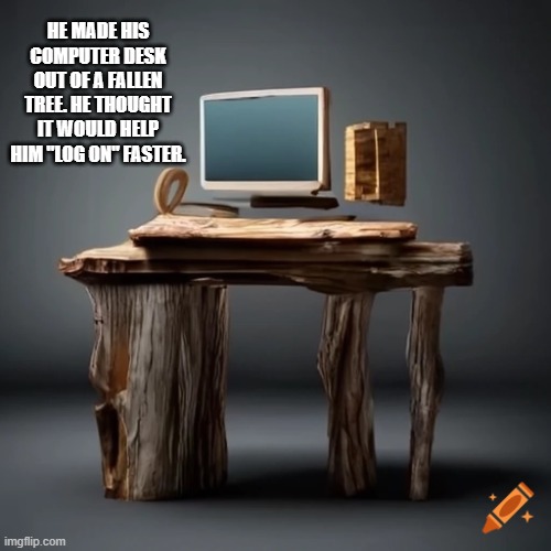 He built his computer desk out of a log. He thought it would help him log on quicker. | he made his computer desk out of a fallen tree. He thought it would help him "log on" faster. | image tagged in games,computer,internet,funny,humor,desk | made w/ Imgflip meme maker