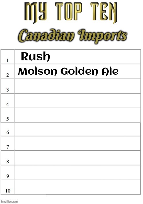 I'm thinking . . . | Canadian Imports; Rush; Molson Golden Ale | image tagged in top ten list better,oh canada,snow joke,great white north,rock music,beer | made w/ Imgflip meme maker