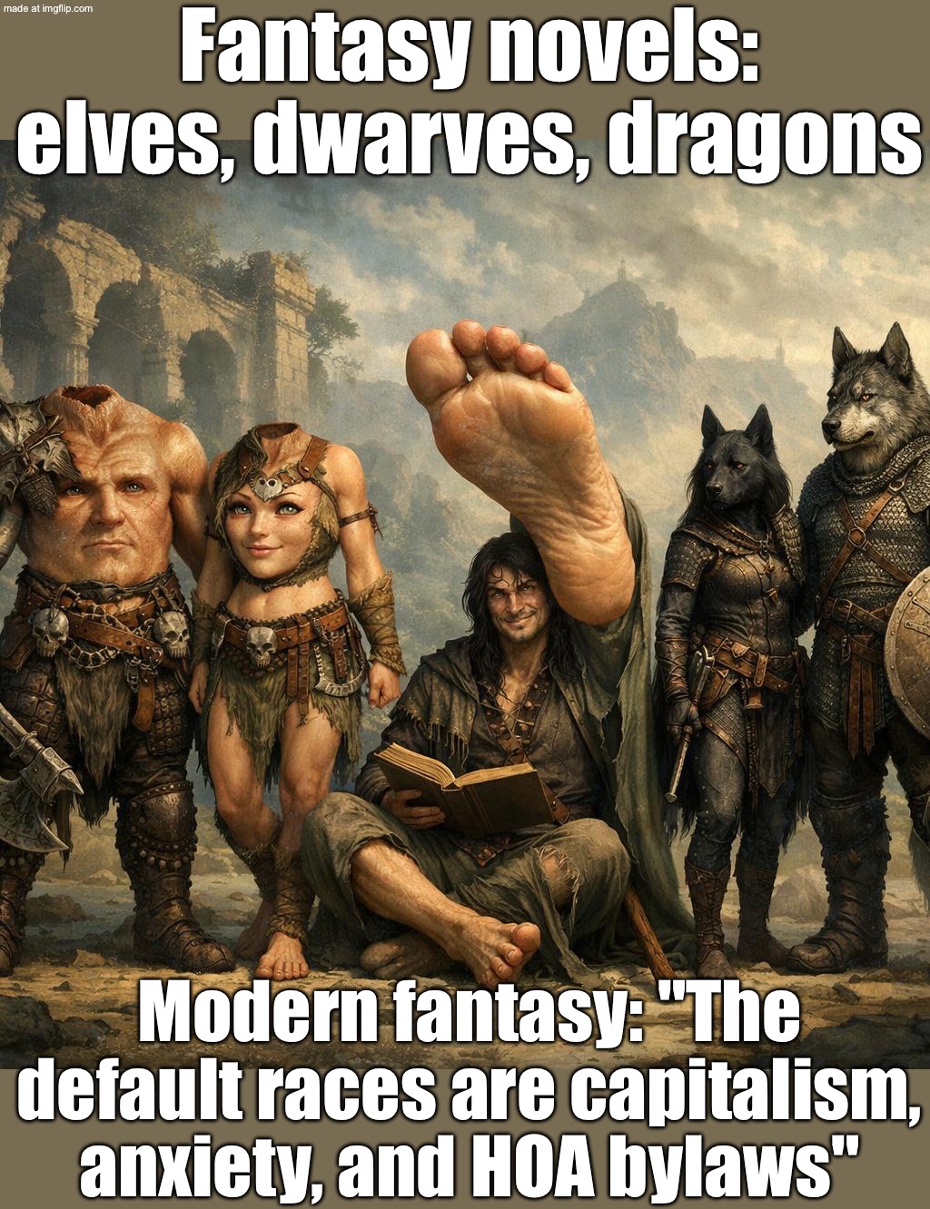 Me: “I want a modern fantasy with *original* races.”; Book: Cynocephali • Sciapods • Blemmyae • (default elves & dwarves as DLC) | Fantasy novels: elves, dwarves, dragons; Modern fantasy: "The default races are capitalism, anxiety, and HOA bylaws" | image tagged in modern fantasy,capitalism,race,modern,gaming,fantasy | made w/ Imgflip meme maker