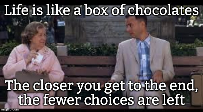 forrest gump box of chocolates | Life is like a box of chocolates; The closer you get to the end,
the fewer choices are left | image tagged in forrest gump box of chocolates | made w/ Imgflip meme maker