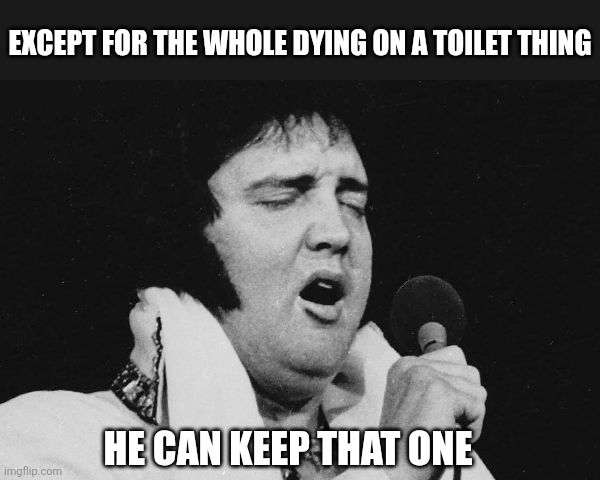 Elvis at large | Except for the whole dying on a toilet thing He can keep that one | image tagged in elvis at large | made w/ Imgflip meme maker