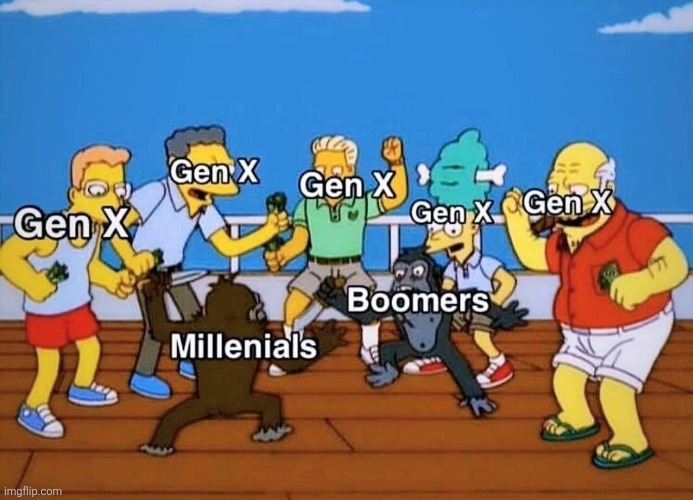 Fight! Fight! Fight! | image tagged in boomers,millennials,fighting,gen x,encouraging,simpsons monkey fight | made w/ Imgflip meme maker