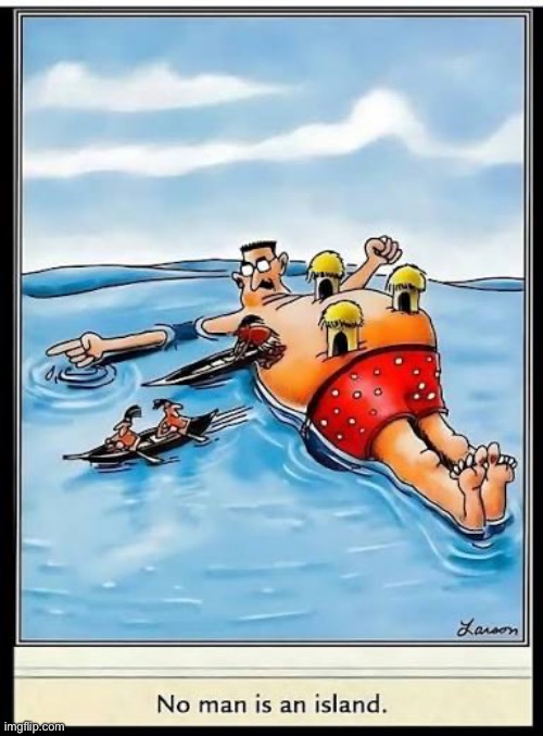 That’s what he gets for falling asleep in the water | image tagged in the far side,comics,man,island,huts,get out | made w/ Imgflip meme maker