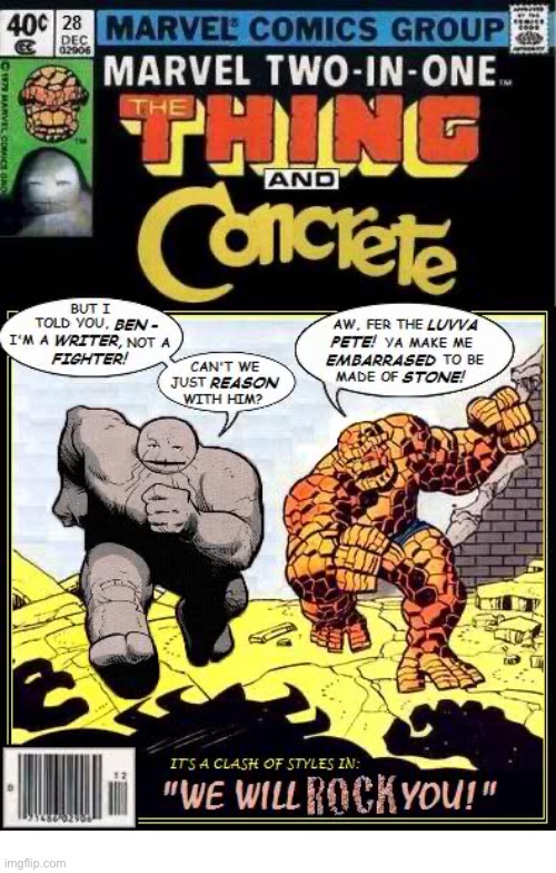 A team-up of two rock solid heroes! | image tagged in comics,the thing,concrete,crossover,marvel two in one,rock solid | made w/ Imgflip meme maker