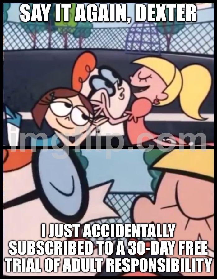 SAY IT AGAIN, DEXTER; I JUST ACCIDENTALLY SUBSCRIBED TO A 30-DAY FREE TRIAL OF ADULT RESPONSIBILITY | SAY IT AGAIN, DEXTER; I JUST ACCIDENTALLY SUBSCRIBED TO A 30-DAY FREE TRIAL OF ADULT RESPONSIBILITY | image tagged in memes,say it again dexter,responsibility,adulting,subscribe,trial | made w/ Imgflip meme maker