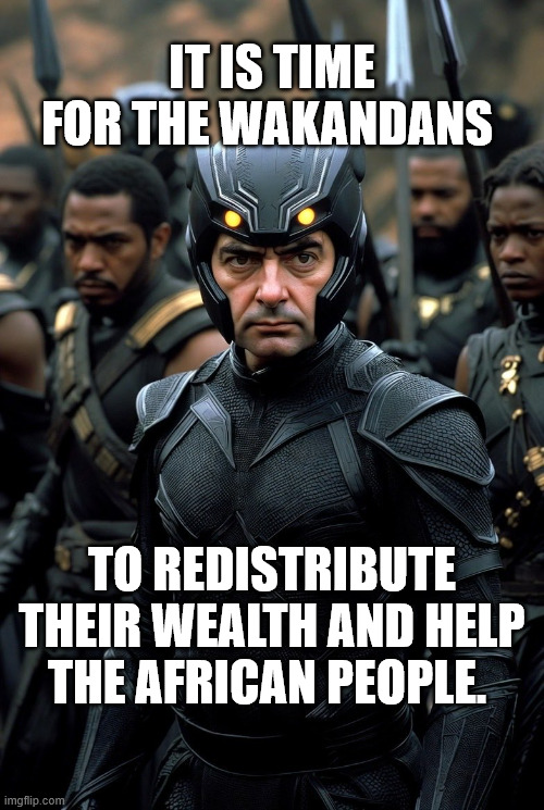 Wakanda Charity | It is time for the Wakandans; to redistribute their wealth and help the African people. | image tagged in wakanda charity | made w/ Imgflip meme maker