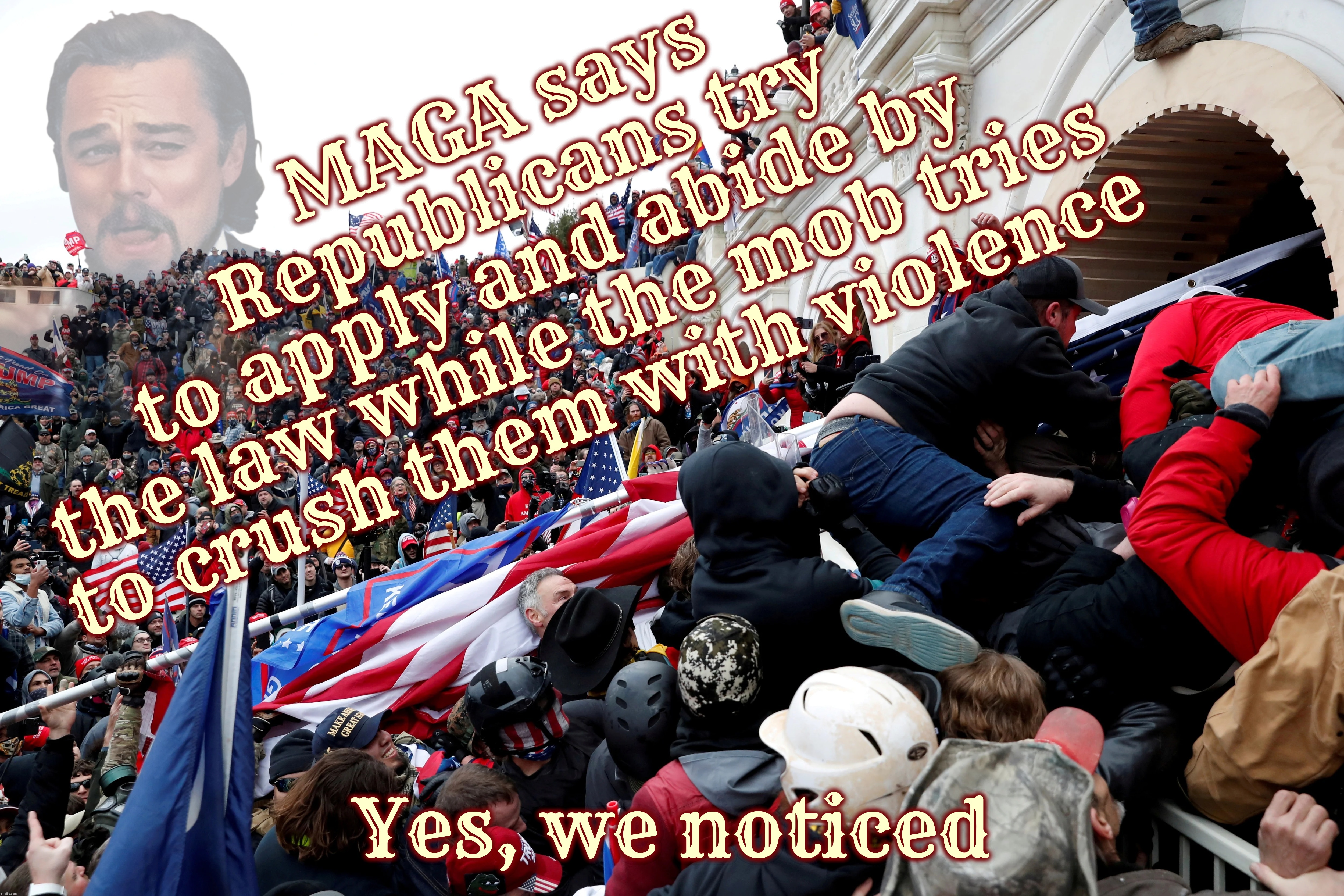 MAGA says
Republicans try
to apply and abide by
the law while the mob tries
to crush them with violence; Yes, we noticed | made w/ Imgflip meme maker