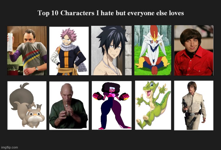 top 10 characters i hate but everyone else likes | image tagged in top 10 characters i hate but everyone else likes/loves,top 10,media,big bang theory,fairy tail,i hate you | made w/ Imgflip meme maker