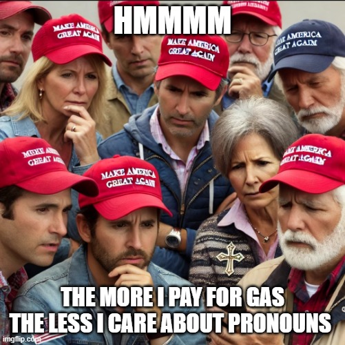 Uhoh reality check | hmmmm; the more i pay for gas the less i care about pronouns | image tagged in dumb maga | made w/ Imgflip meme maker