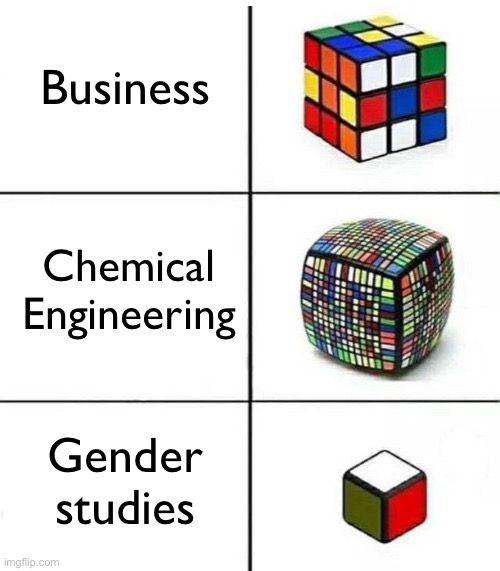 10 upvotes and I’ll post this in politics | Business; Chemical Engineering; Gender studies | image tagged in rubik's cube comparison,msmg | made w/ Imgflip meme maker