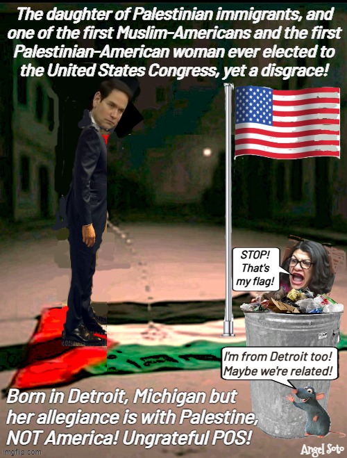 Marco Rubio pisses on Palestine's flag | The daughter of Palestinian immigrants, and
one of the first Muslim-Americans and the first
Palestinian-American woman ever elected to
the United States Congress, yet a disgrace! STOP!
That's
my flag! I'm from Detroit too!
Maybe we're related! Born in Detroit, Michigan but
her allegiance is with Palestine,
NOT America! Ungrateful POS! Angel Soto | image tagged in marco rubio pisses on rashida tlaib's flag,marco rubio,rashida tlaib,america,michigan,illegal immigrants | made w/ Imgflip meme maker