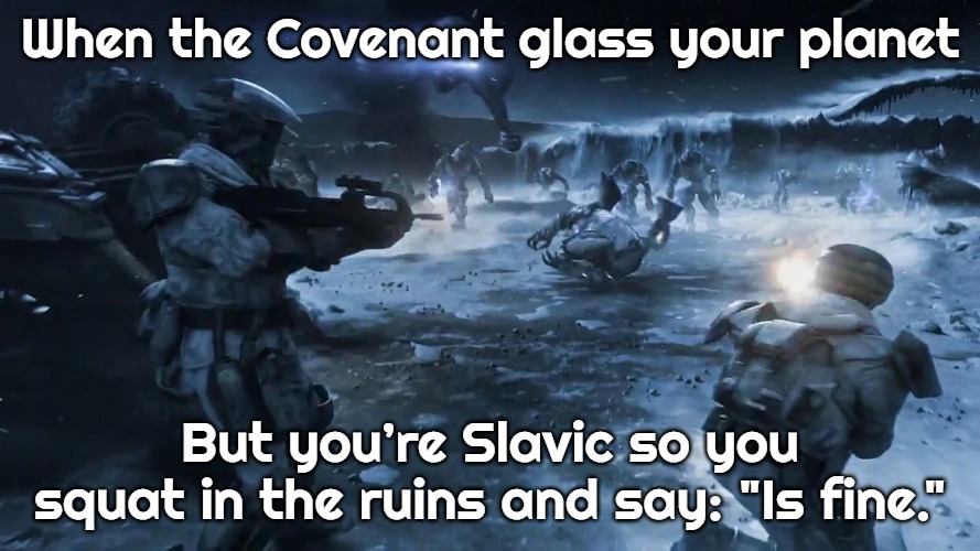Human-Covenant War | When the Covenant glass your planet; But you’re Slavic so you squat in the ruins and say: "Is fine." | image tagged in human-covenant war,slavic halo | made w/ Imgflip meme maker