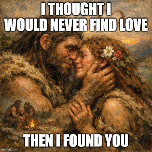 neanderthal in love | I thought I would never find love; then I found you | image tagged in neanderthal in love | made w/ Imgflip meme maker