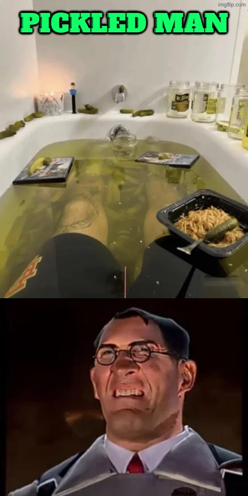 Pickled Man | Pickled man | image tagged in beyond cursed,cursed images,pickles,bathtub,unsee juice,drink bleach | made w/ Imgflip meme maker